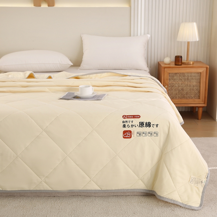 91家纺网 家纺一手货源 找家纺 薇玛仕 2026新款外贸跨境电商礼品烫画款超声波原棉大豆夏凉被空调被单双人薄被子 超声波--原棉米黄