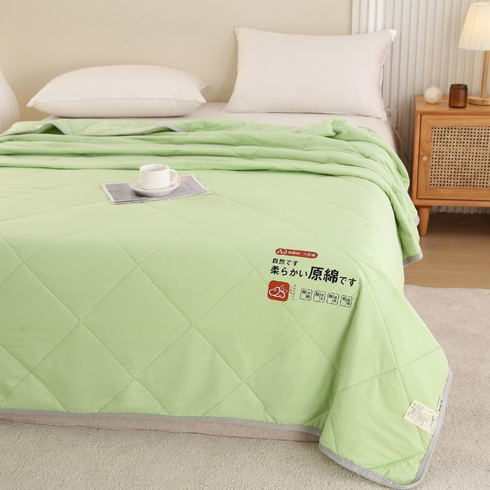 91家纺网 家纺一手货源 找家纺 薇玛仕 2026新款外贸跨境电商礼品烫画款超声波原棉大豆夏凉被空调被单双人薄被子 超声波--原棉果绿