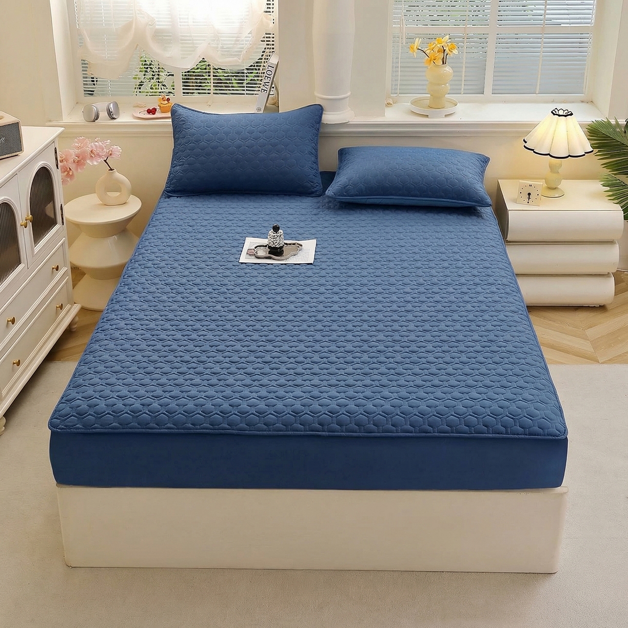 91家纺网 家纺一手货源 找家纺 （总）彩亿家纺 2026新款A类古法水洗仿棉夹棉床笠三件套全包防滑床垫保护套-水立方