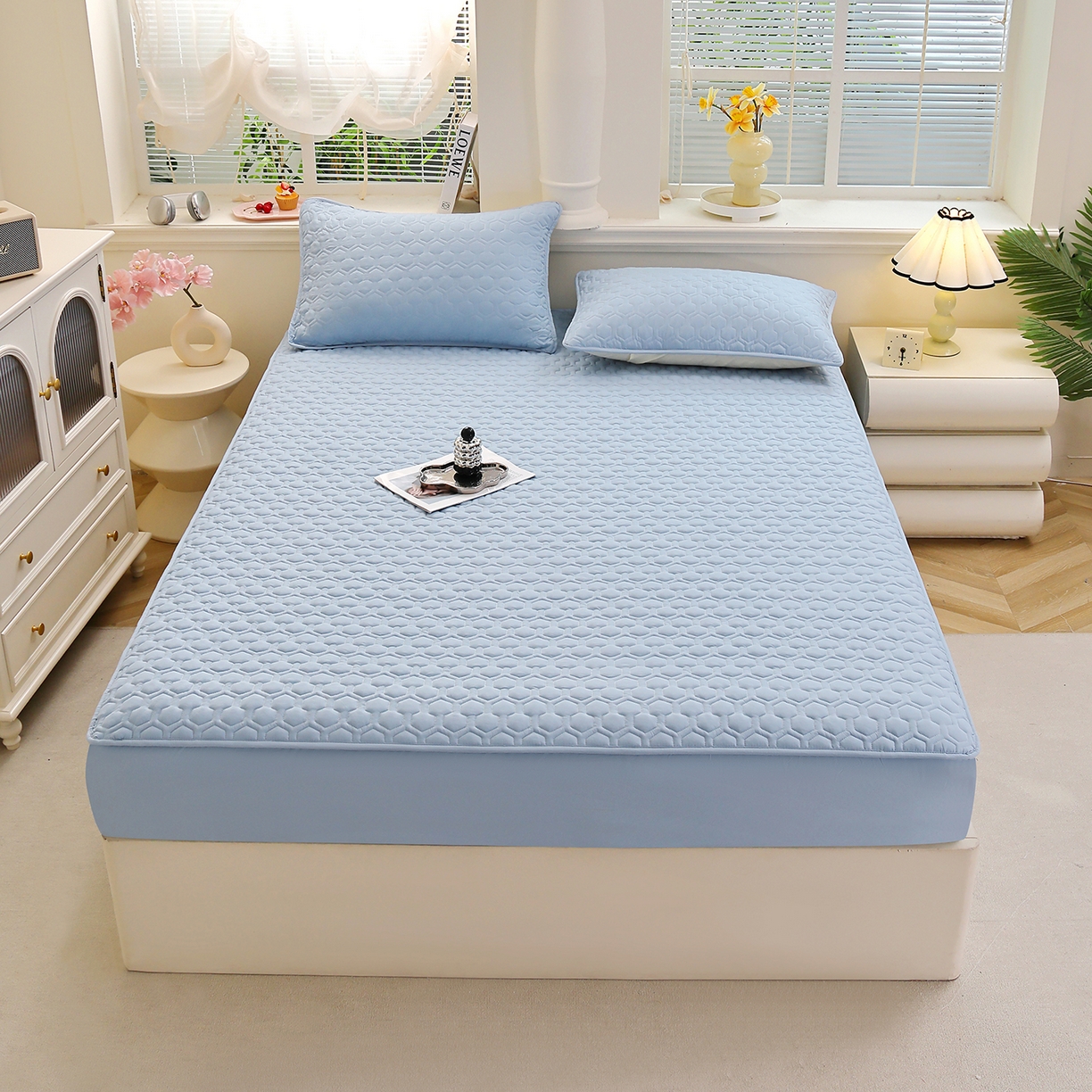 91家纺网 家纺一手货源 找家纺 （总）彩亿家纺 2026新款A类古法水洗仿棉夹棉床笠三件套全包防滑床垫保护套-水立方