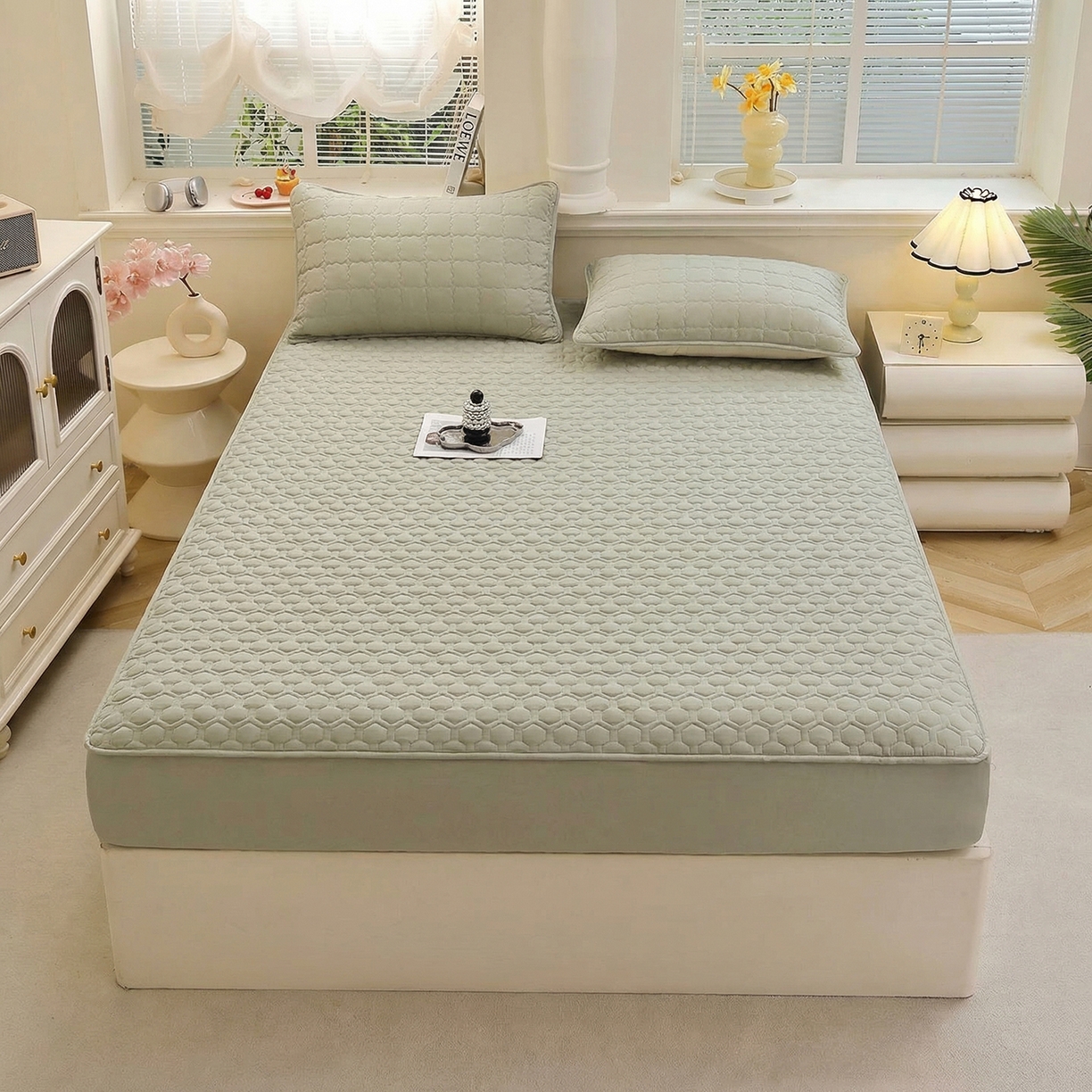 91家纺网 家纺一手货源 找家纺 （总）彩亿家纺 2026新款A类古法水洗仿棉夹棉床笠三件套全包防滑床垫保护套-水立方