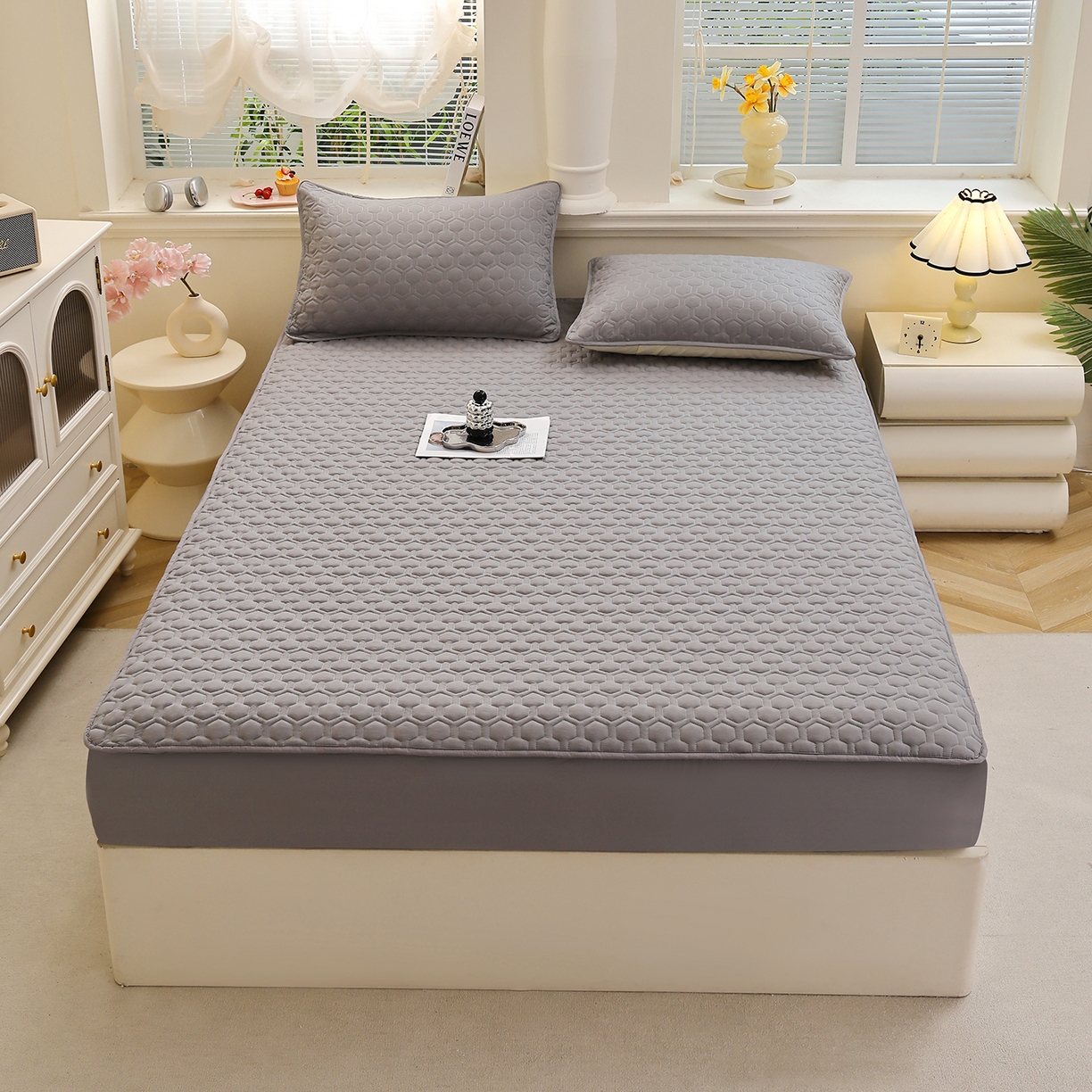 彩亿家纺 2026新款A类古法水洗仿棉夹棉床笠三件套全包防滑床垫保护套-水立方 水立方-星河灰