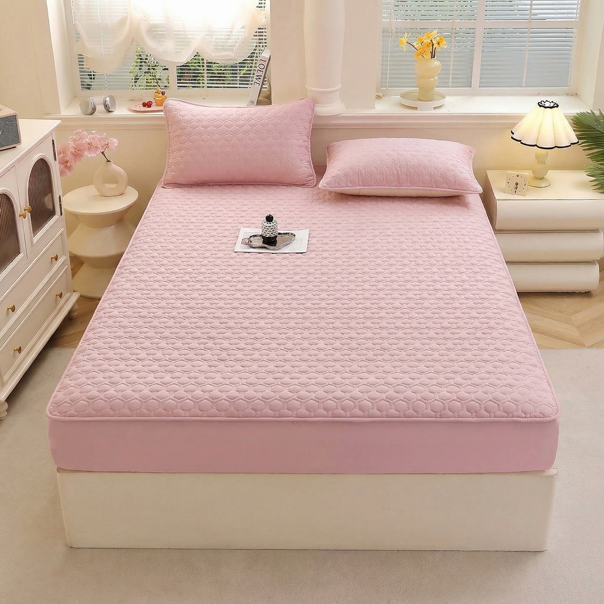 彩亿家纺 2026新款A类古法水洗仿棉夹棉床笠三件套全包防滑床垫保护套-水立方 水立方-樱花粉