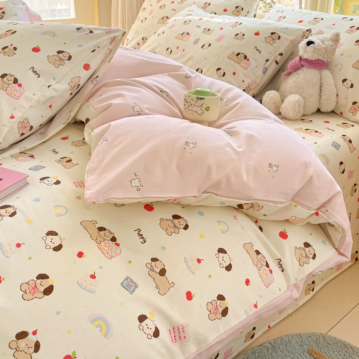 91家纺网 家纺一手货源 找家纺 女子家纺 2026新款全棉纯棉13070印花四件套单品系列 奶酪小狗