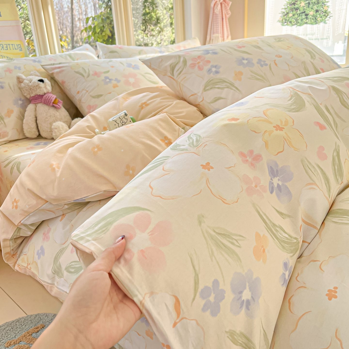 91家纺网 家纺一手货源 找家纺 女子家纺 2026新款全棉纯棉13070印花四件套单品系列 春风里-杏色