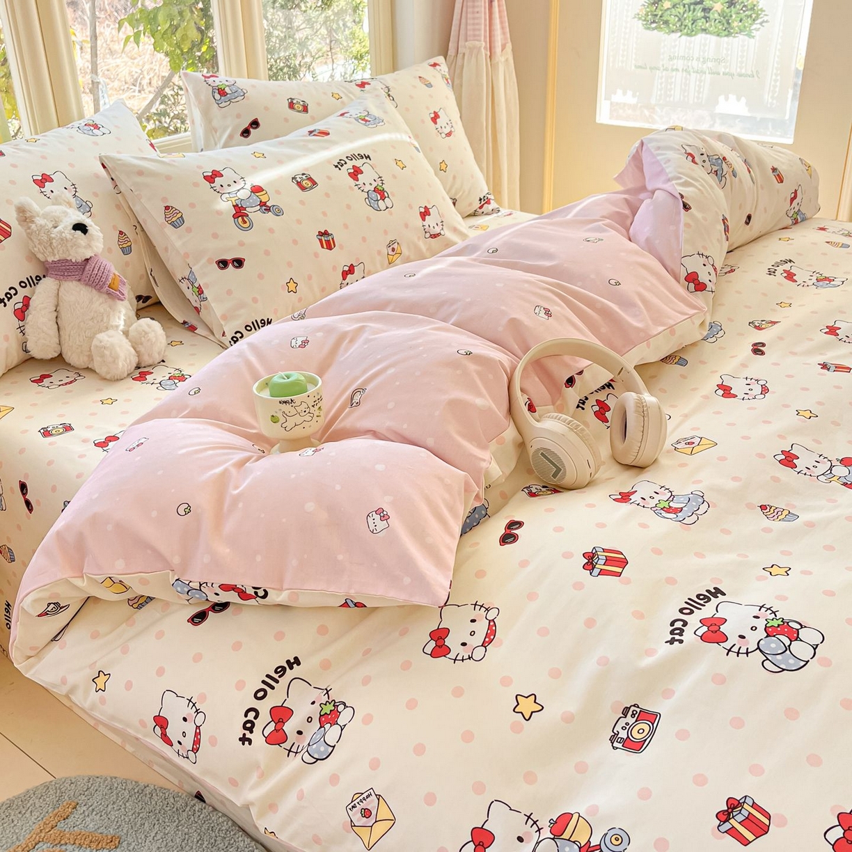 91家纺网 家纺一手货源 找家纺 女子家纺 2026新款全棉纯棉13070印花四件套单品系列 快乐小喵