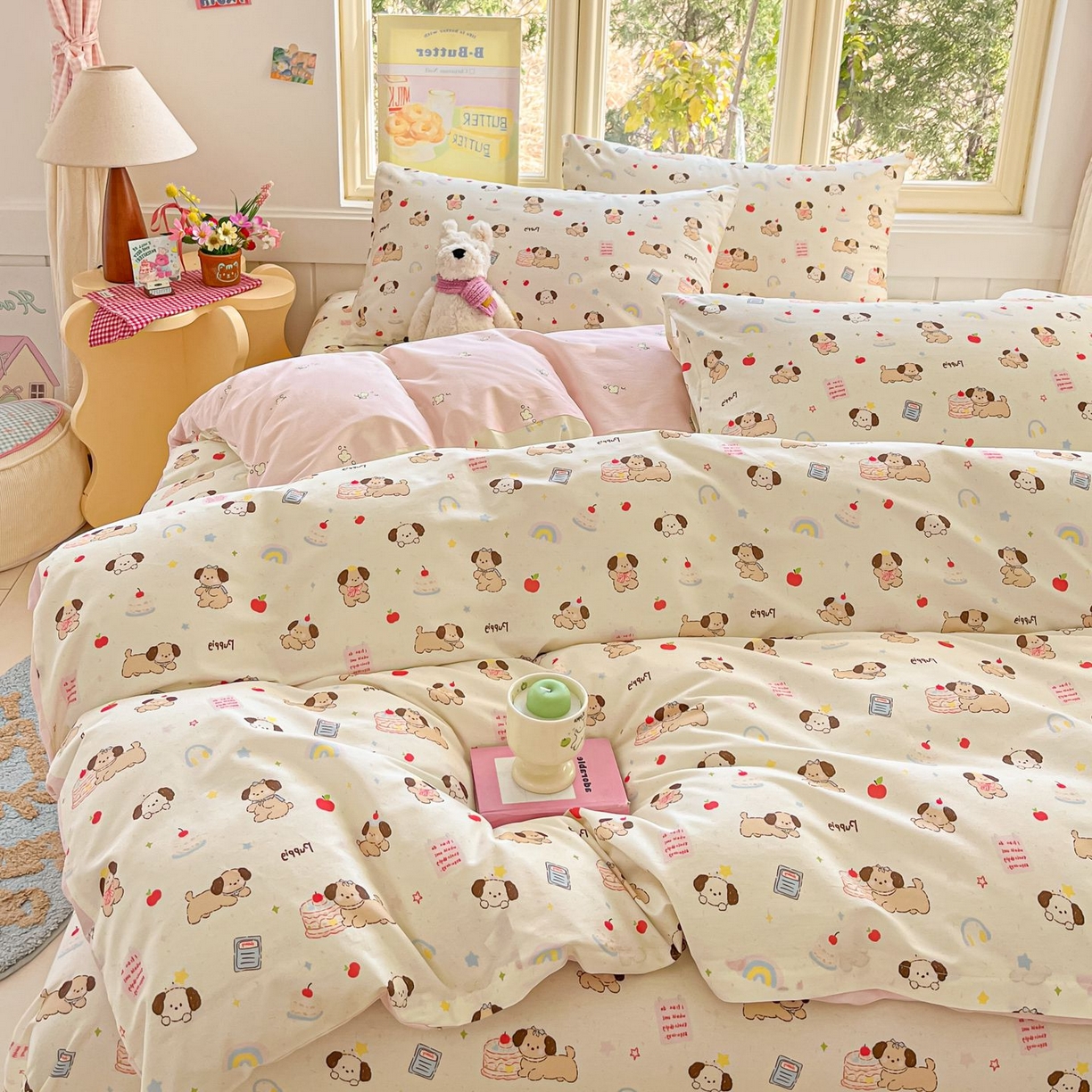 91家纺网 家纺一手货源 找家纺 女子家纺 2026新款全棉纯棉13070印花四件套单品系列 奶酪小狗