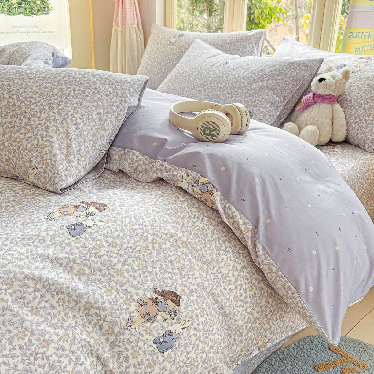 91家纺网 家纺一手货源 找家纺 女子家纺 2026新款全棉纯棉13070印花四件套单品系列 萌兔花园