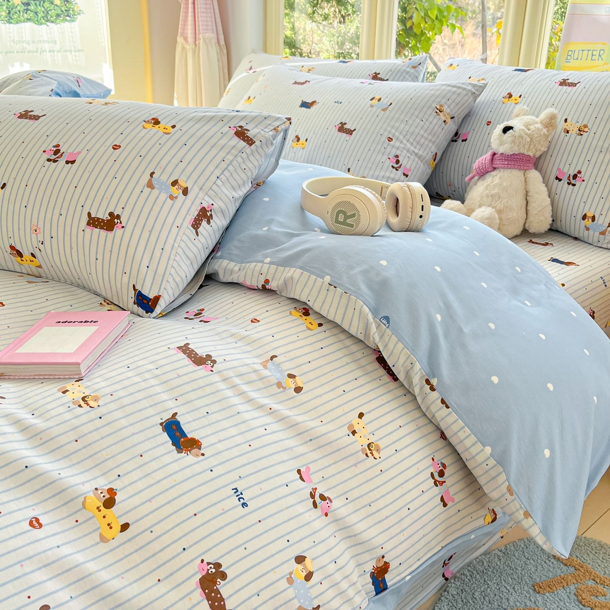 91家纺网 家纺一手货源 找家纺 女子家纺 2026新款全棉纯棉13070印花四件套单品系列 小狗没烦恼-蓝