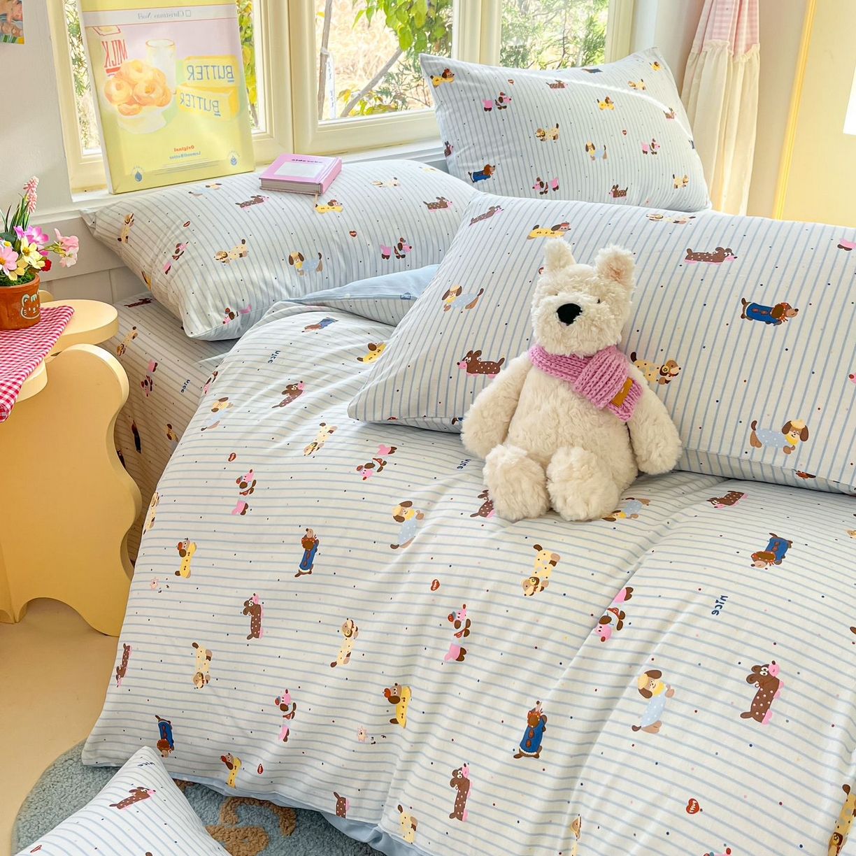 91家纺网 家纺一手货源 找家纺 女子家纺 2026新款全棉纯棉13070印花四件套单品系列 小狗没烦恼-蓝