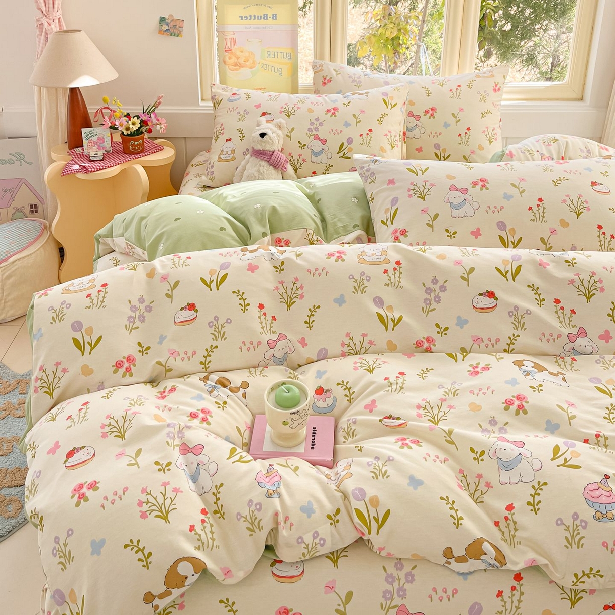 91家纺网 家纺一手货源 找家纺 女子家纺 2026新款全棉纯棉13070印花四件套单品系列 花园小狗