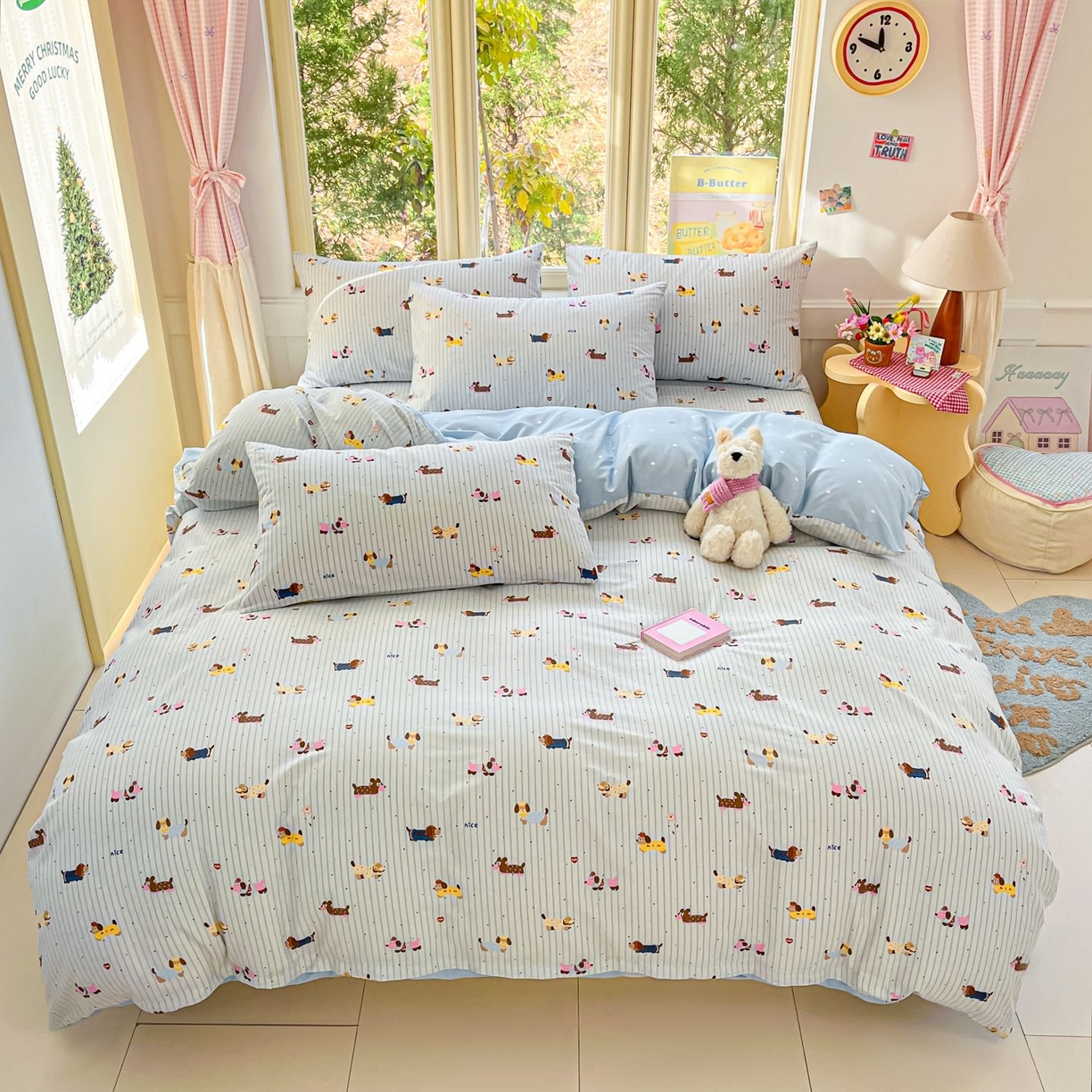 91家纺网 家纺一手货源 找家纺 女子家纺 2026新款全棉纯棉13070印花四件套单品系列 小狗没烦恼-蓝