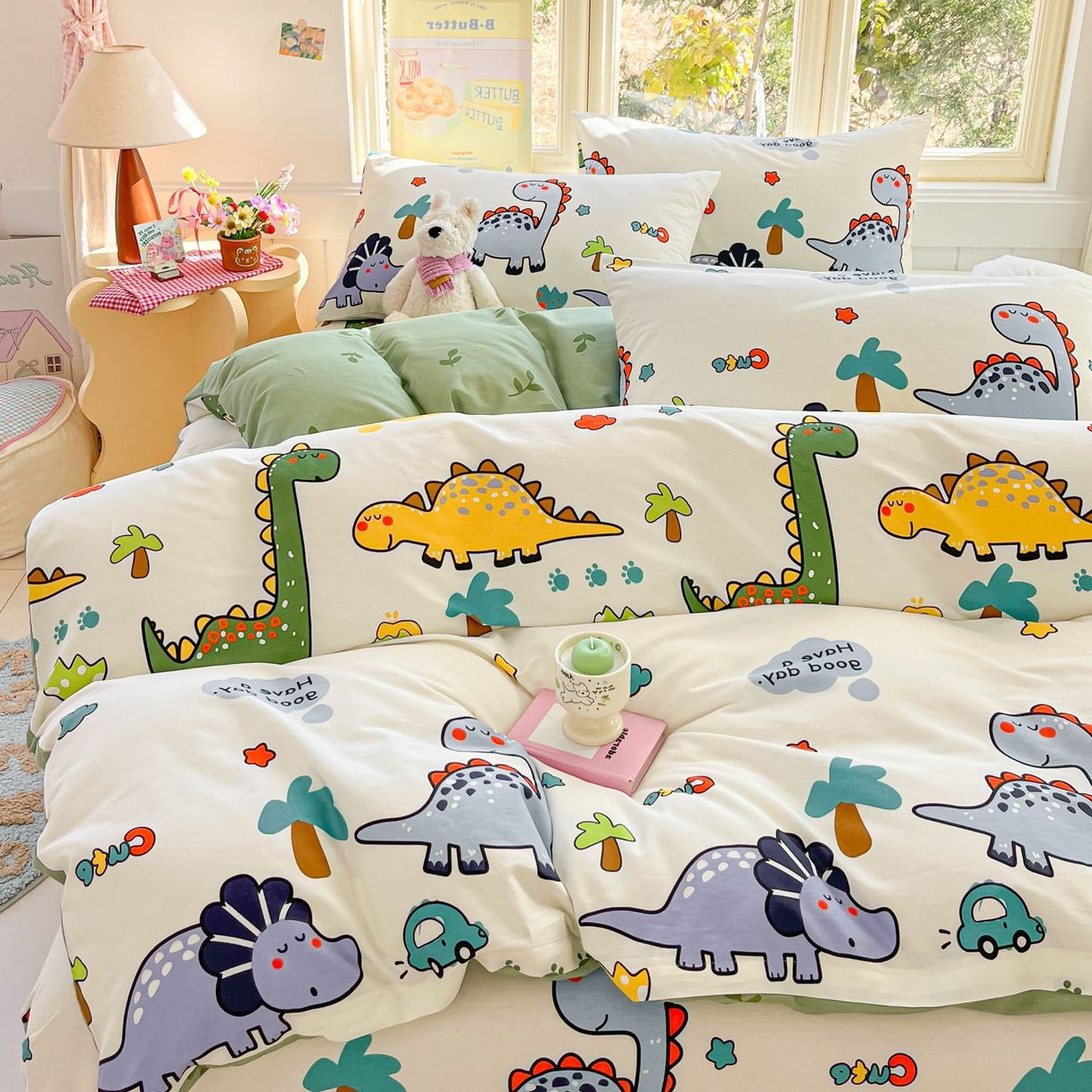 91家纺网 家纺一手货源 找家纺 女子家纺 2026新款全棉纯棉13070印花四件套单品系列 恐龙乐园