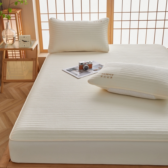 91家纺网 家纺一手货源 找家纺 伊赛家纺 2026新款条纹夹棉抗菌全包床笠 抗菌-米黄色