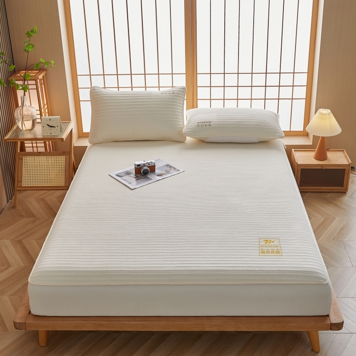 91家纺网 家纺一手货源 找家纺 伊赛家纺 2026新款条纹夹棉抗菌全包床笠 抗菌-米黄色