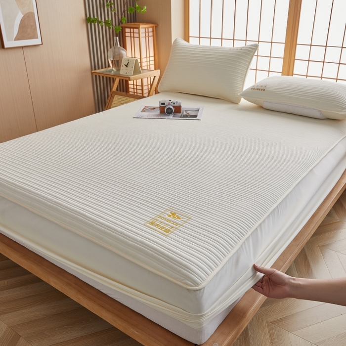 伊赛家纺 2026新款条纹夹棉抗菌全包床笠 抗菌-米黄色