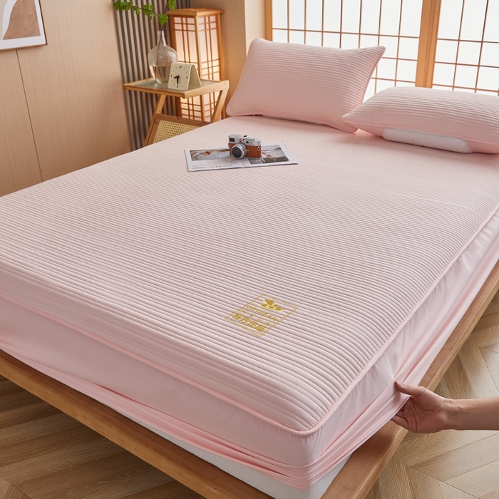 伊赛家纺 2026新款条纹夹棉抗菌全包床笠 抗菌-粉玉条