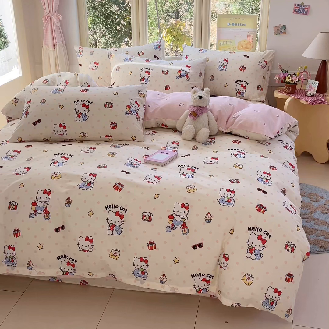 91家纺网 家纺一手货源 找家纺 女子家纺 2026新款全棉纯棉13070印花四件套单品系列 快乐小喵