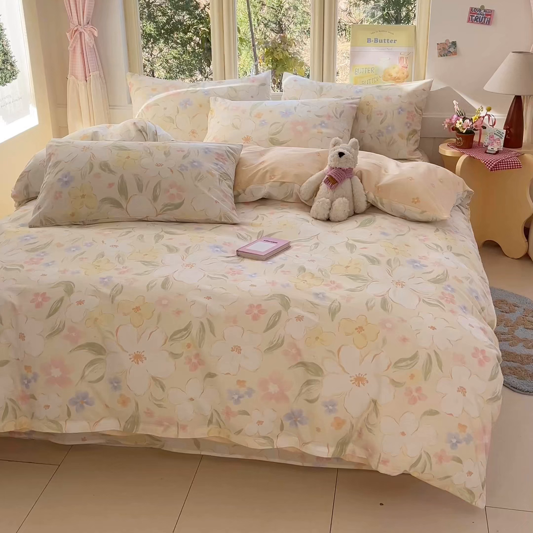 91家纺网 家纺一手货源 找家纺 女子家纺 2026新款全棉纯棉13070印花四件套单品系列 春风里-杏色