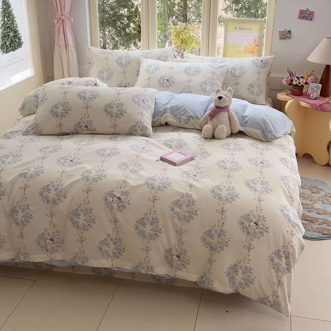 91家纺网 家纺一手货源 找家纺 女子家纺 2026新款全棉纯棉13070印花四件套单品系列 花园凯蒂