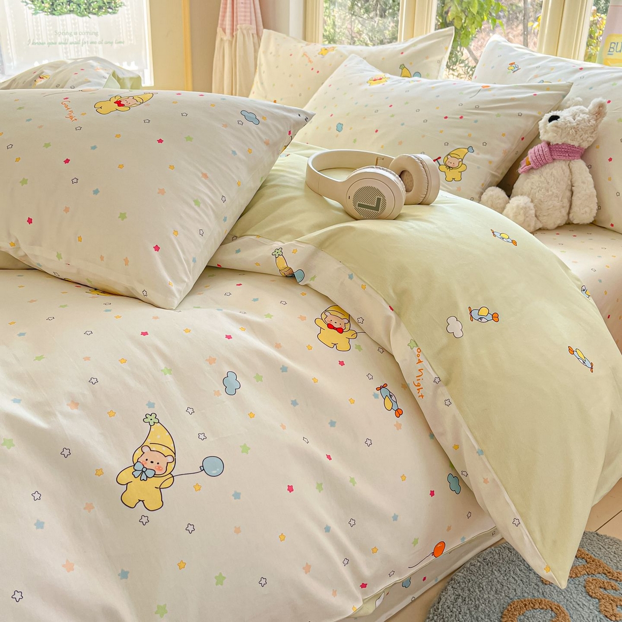 91家纺网 家纺一手货源 找家纺 女子家纺 2026新款全棉纯棉13070印花四件套单品系列 星星小熊