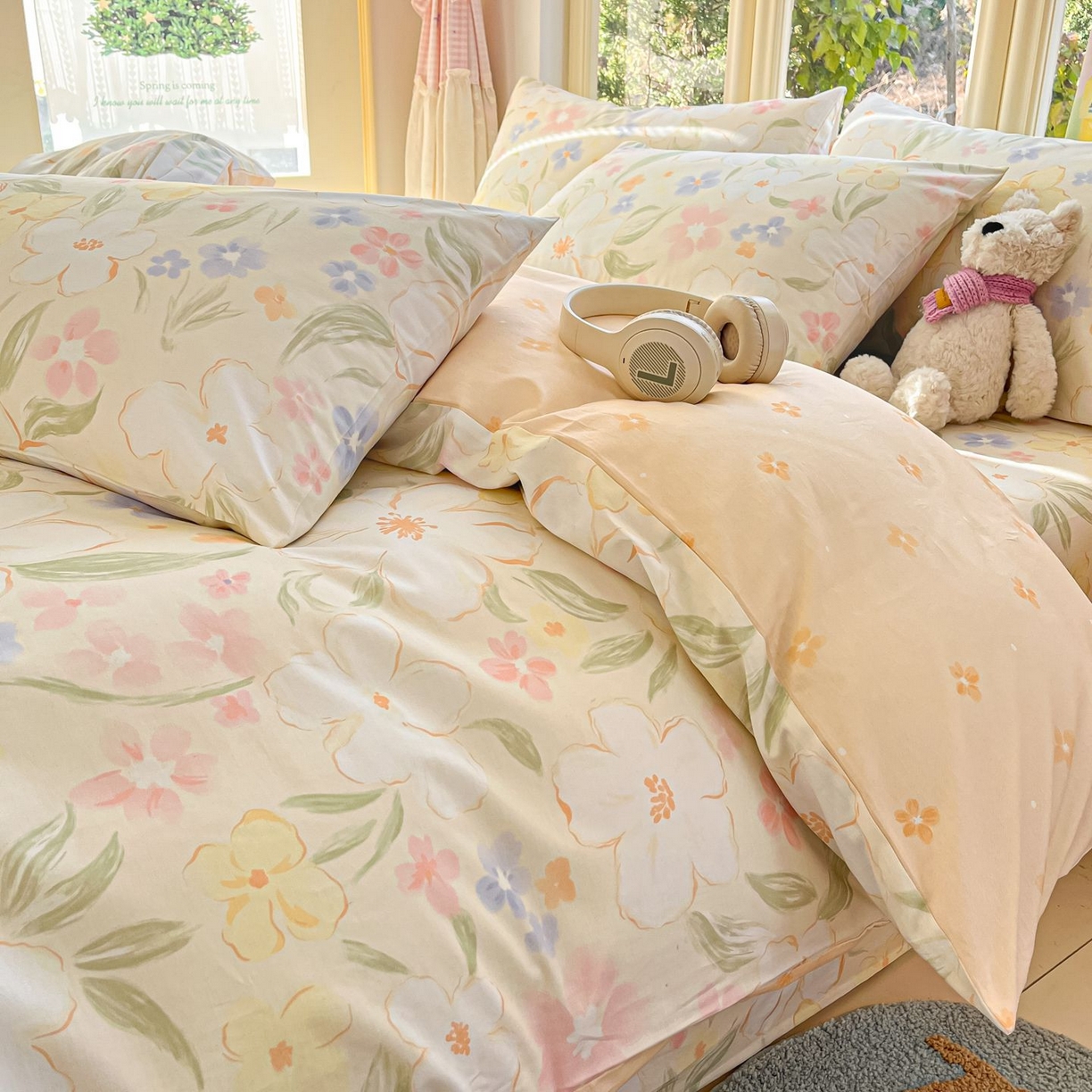 91家纺网 家纺一手货源 找家纺 女子家纺 2026新款全棉纯棉13070印花四件套单品系列 春风里-杏色