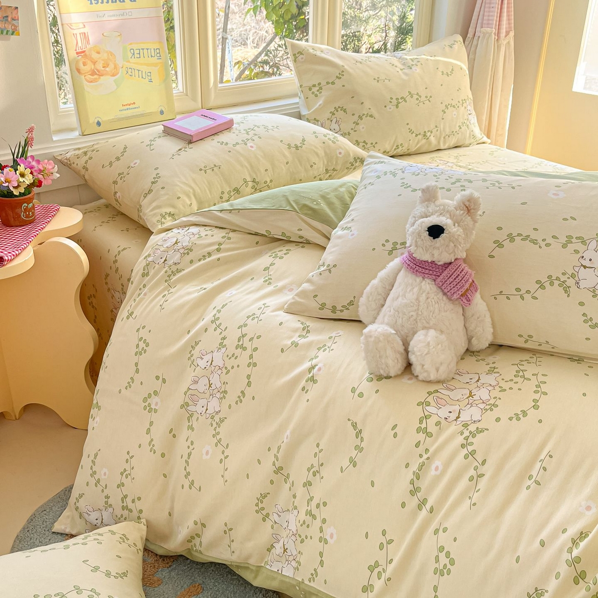 91家纺网 家纺一手货源 找家纺 女子家纺 2026新款全棉纯棉13070印花四件套单品系列 花园小兔