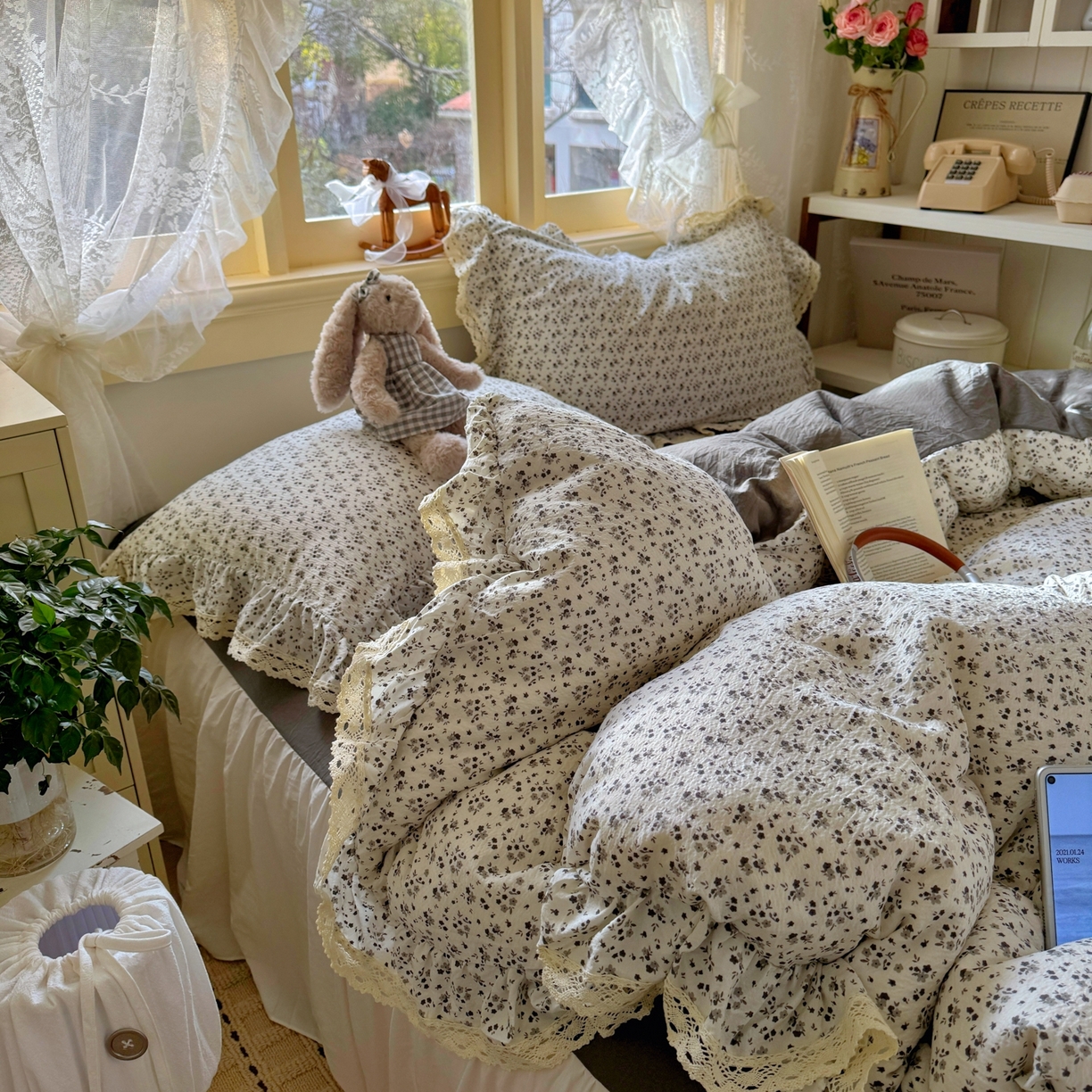 91家纺网 家纺一手货源 找家纺 人人爱家纺 2026新款韩版蕾丝花边四件套 蕾丝-松月间-米