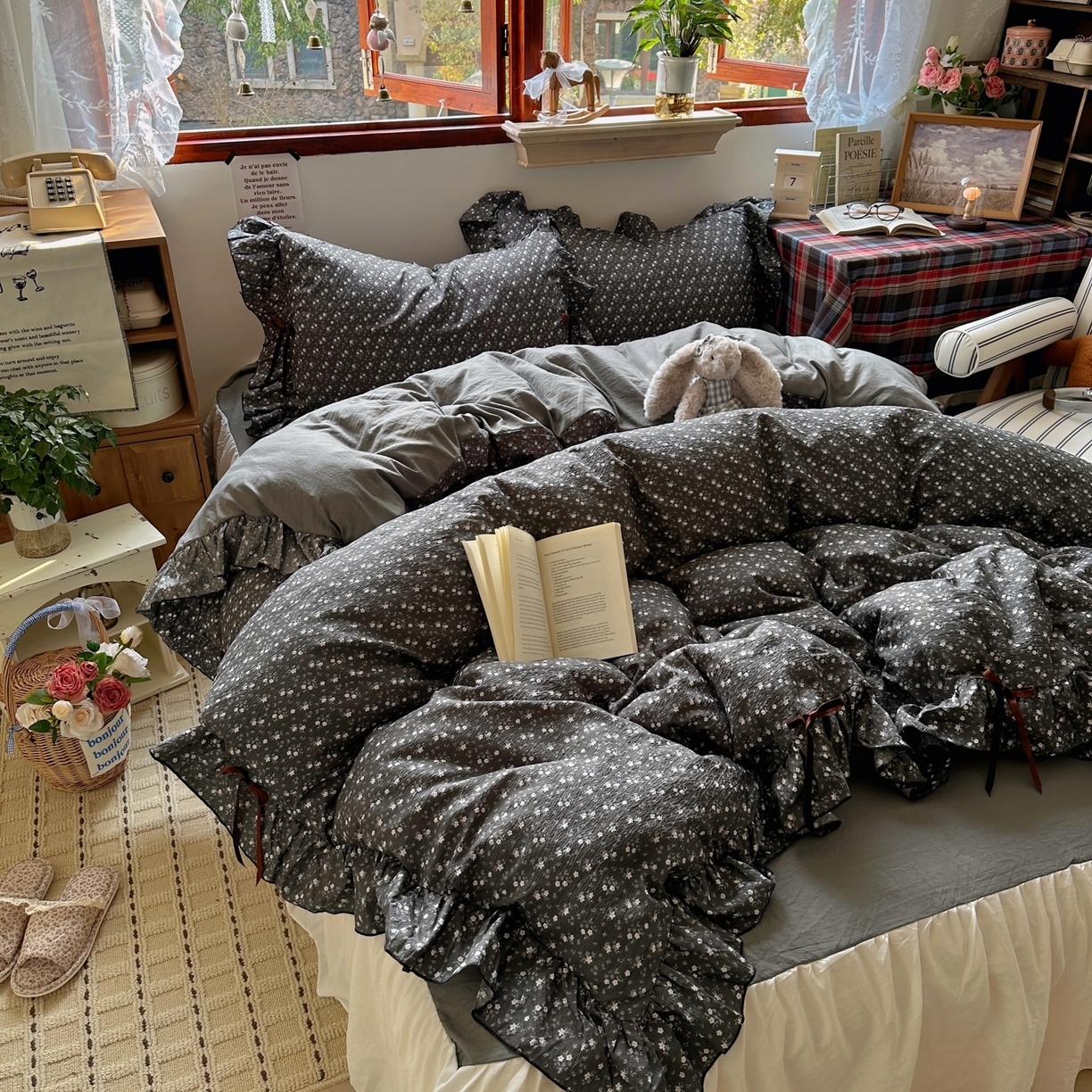 人人爱家纺 2026新款韩版碎花蝴蝶结四件套 蝴蝶结-松月间-灰