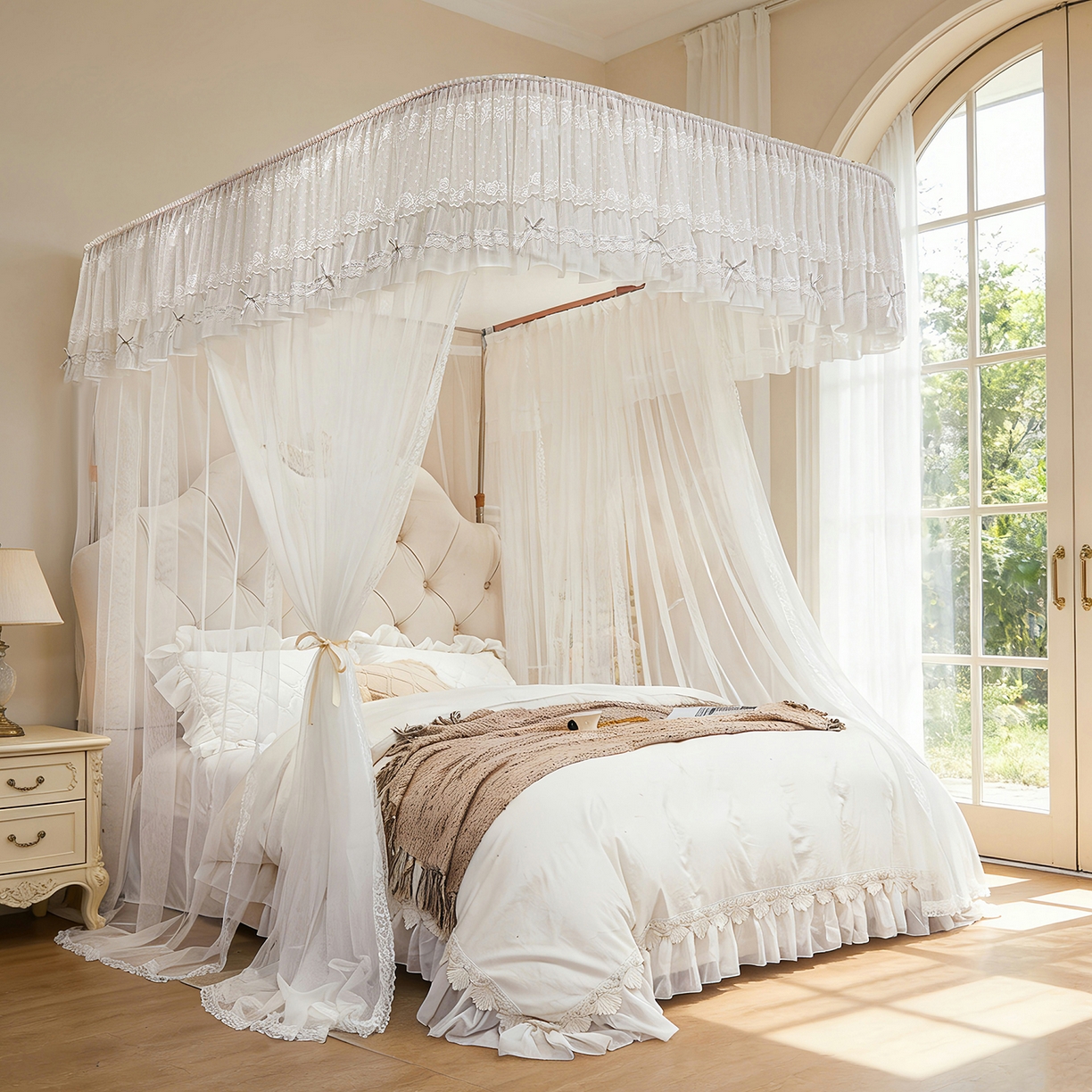 91家纺网 家纺一手货源 找家纺 （总）梦尔佳蚊帐 2026新款浪漫双层花边蝴蝶结导轨蚊帐-花香其乐