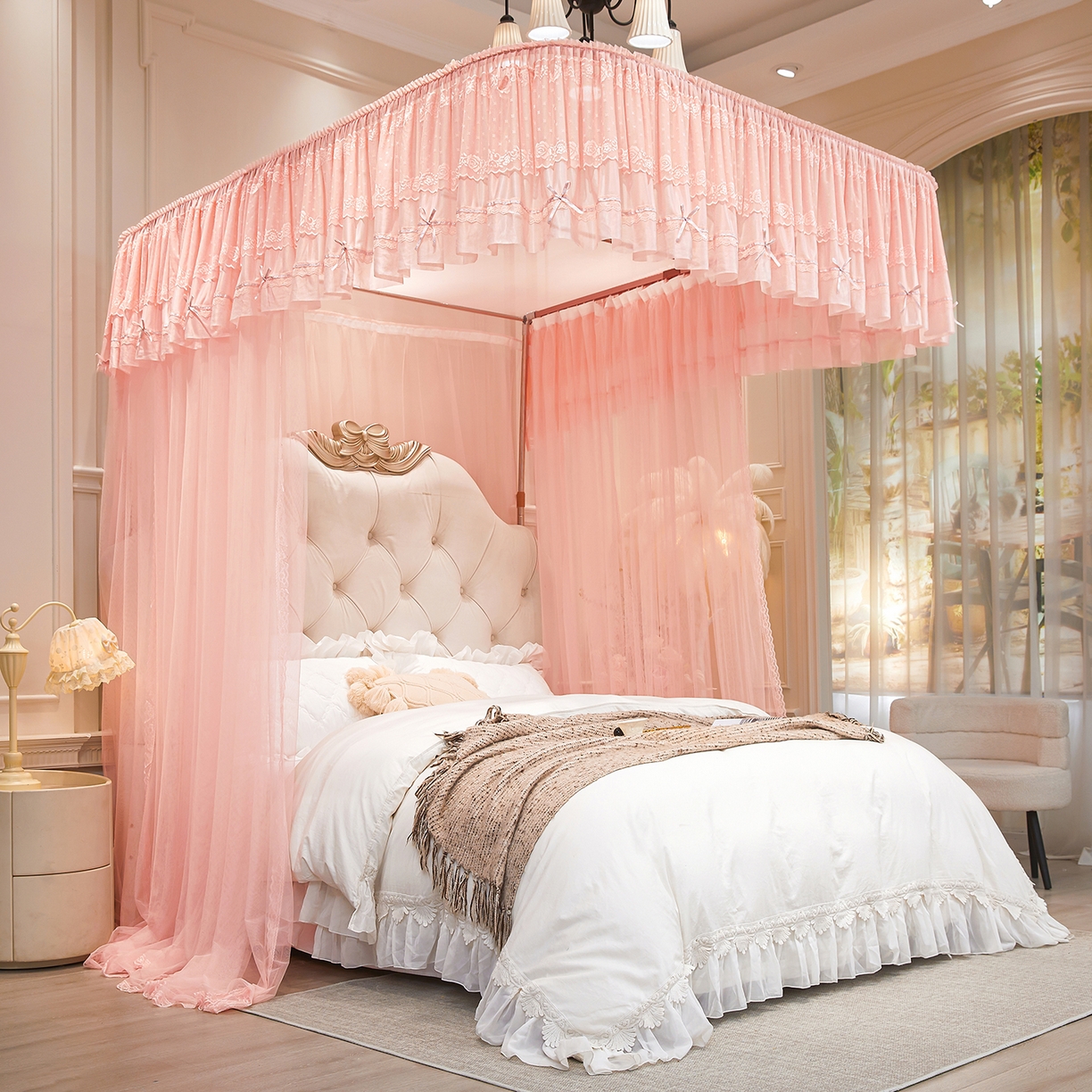 91家纺网 家纺一手货源 找家纺 （总）梦尔佳蚊帐 2026新款浪漫双层花边蝴蝶结导轨蚊帐-花香其乐