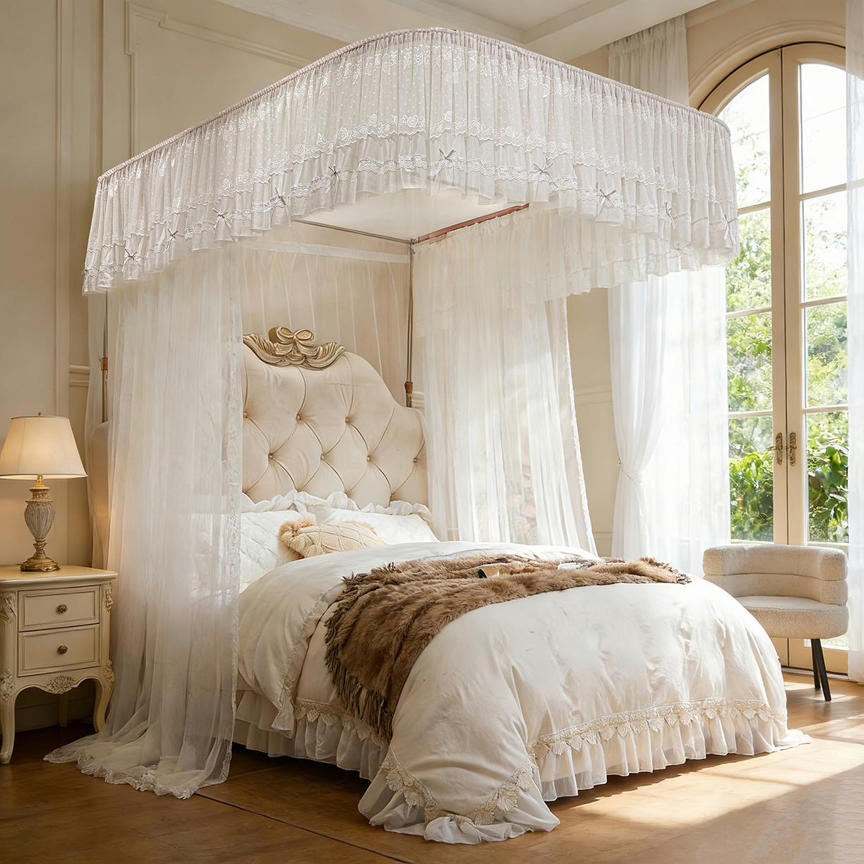 91家纺网 家纺一手货源 找家纺 梦尔佳蚊帐 2026新款浪漫双层花边蝴蝶结导轨蚊帐-花香其乐 花香其乐-婚纱白