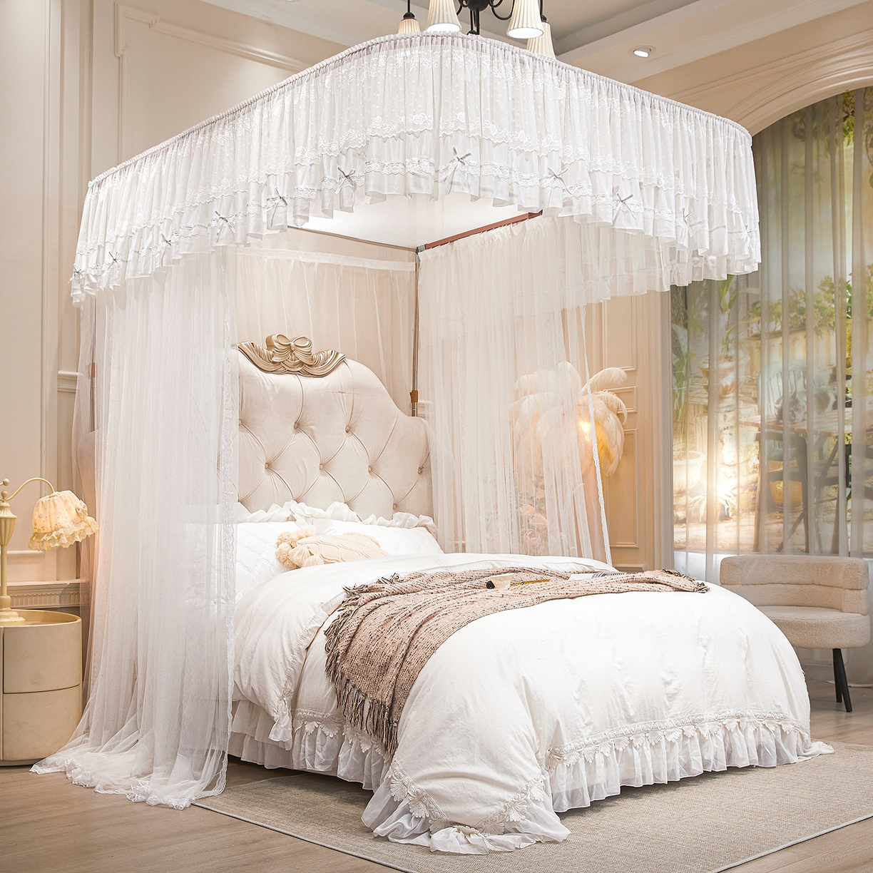 91家纺网 家纺一手货源 找家纺 梦尔佳蚊帐 2026新款浪漫双层花边蝴蝶结导轨蚊帐-花香其乐 花香其乐-婚纱白