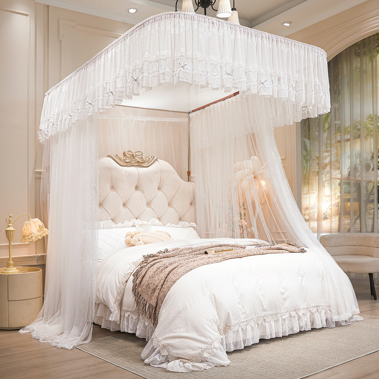 91家纺网 家纺一手货源 找家纺 梦尔佳蚊帐 2026新款浪漫双层花边蝴蝶结导轨蚊帐-花香其乐 花香其乐-婚纱白