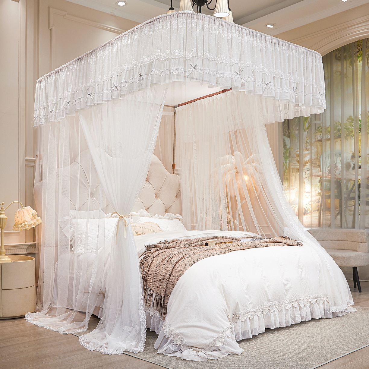 91家纺网 家纺一手货源 找家纺 梦尔佳蚊帐 2026新款浪漫双层花边蝴蝶结导轨蚊帐-花香其乐 花香其乐-婚纱白