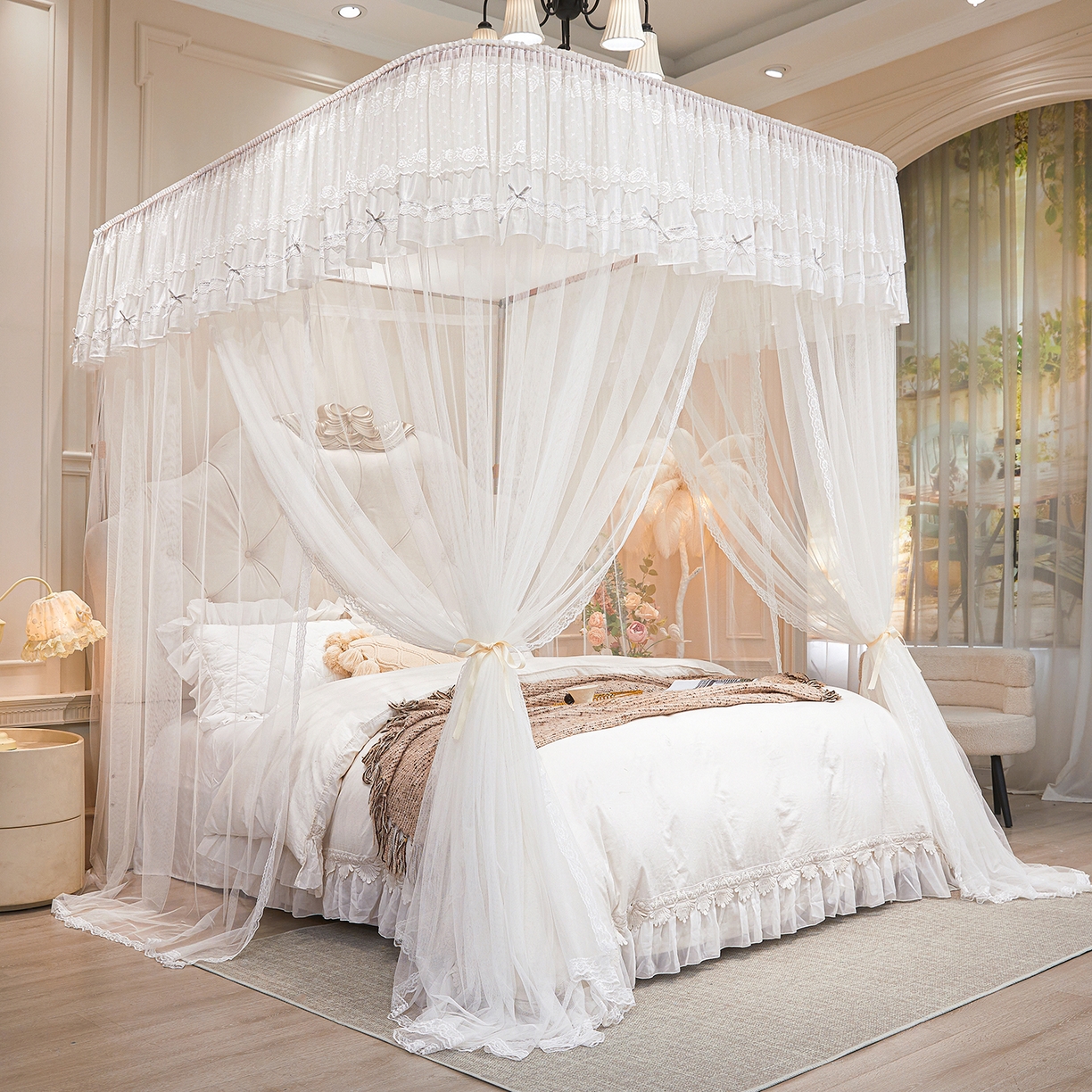 91家纺网 家纺一手货源 找家纺 梦尔佳蚊帐 2026新款浪漫双层花边蝴蝶结导轨蚊帐-花香其乐 花香其乐-婚纱白