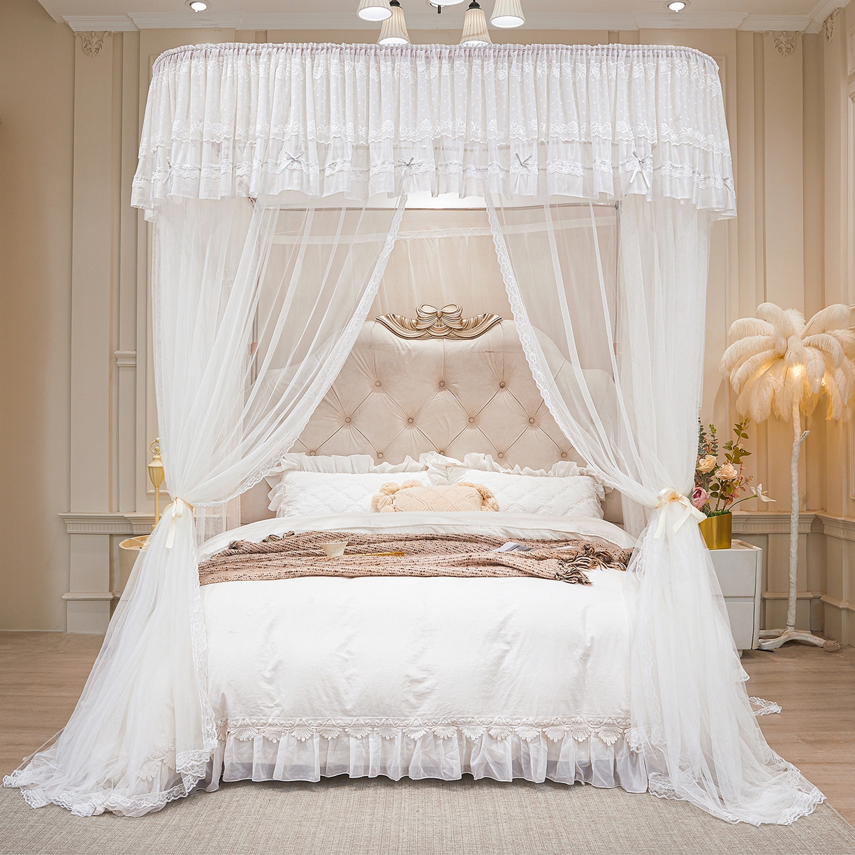 91家纺网 家纺一手货源 找家纺 梦尔佳蚊帐 2026新款浪漫双层花边蝴蝶结导轨蚊帐-花香其乐 花香其乐-婚纱白