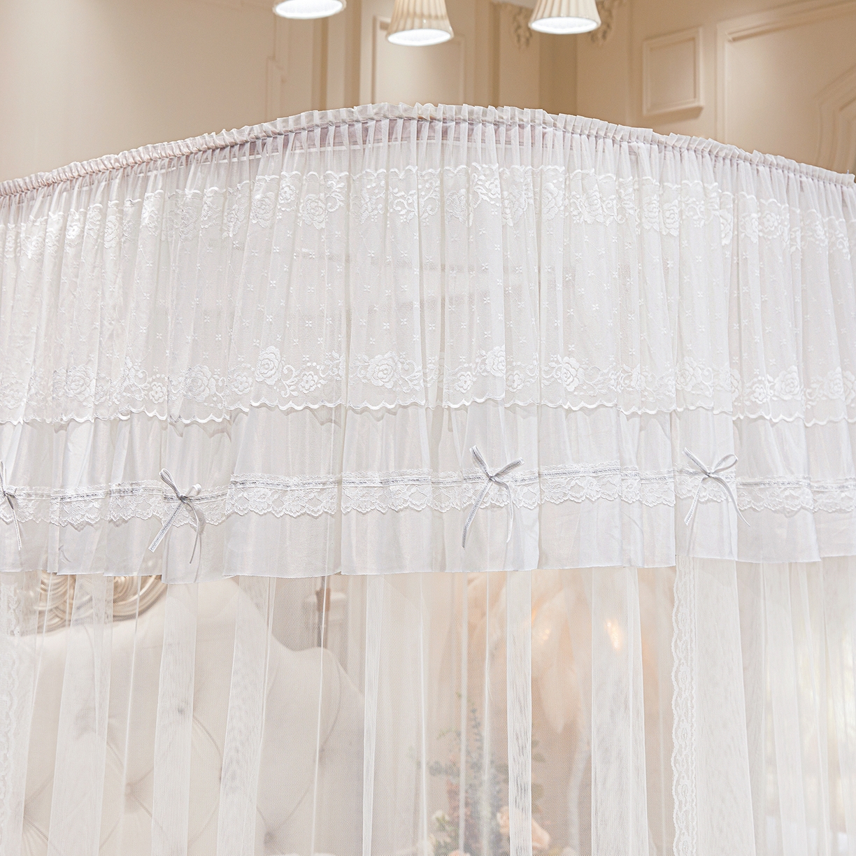 91家纺网 家纺一手货源 找家纺 梦尔佳蚊帐 2026新款浪漫双层花边蝴蝶结导轨蚊帐-花香其乐 花香其乐-婚纱白