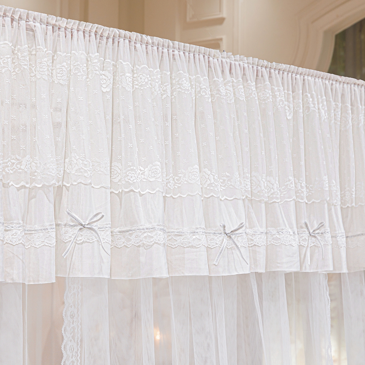 91家纺网 家纺一手货源 找家纺 梦尔佳蚊帐 2026新款浪漫双层花边蝴蝶结导轨蚊帐-花香其乐 花香其乐-婚纱白