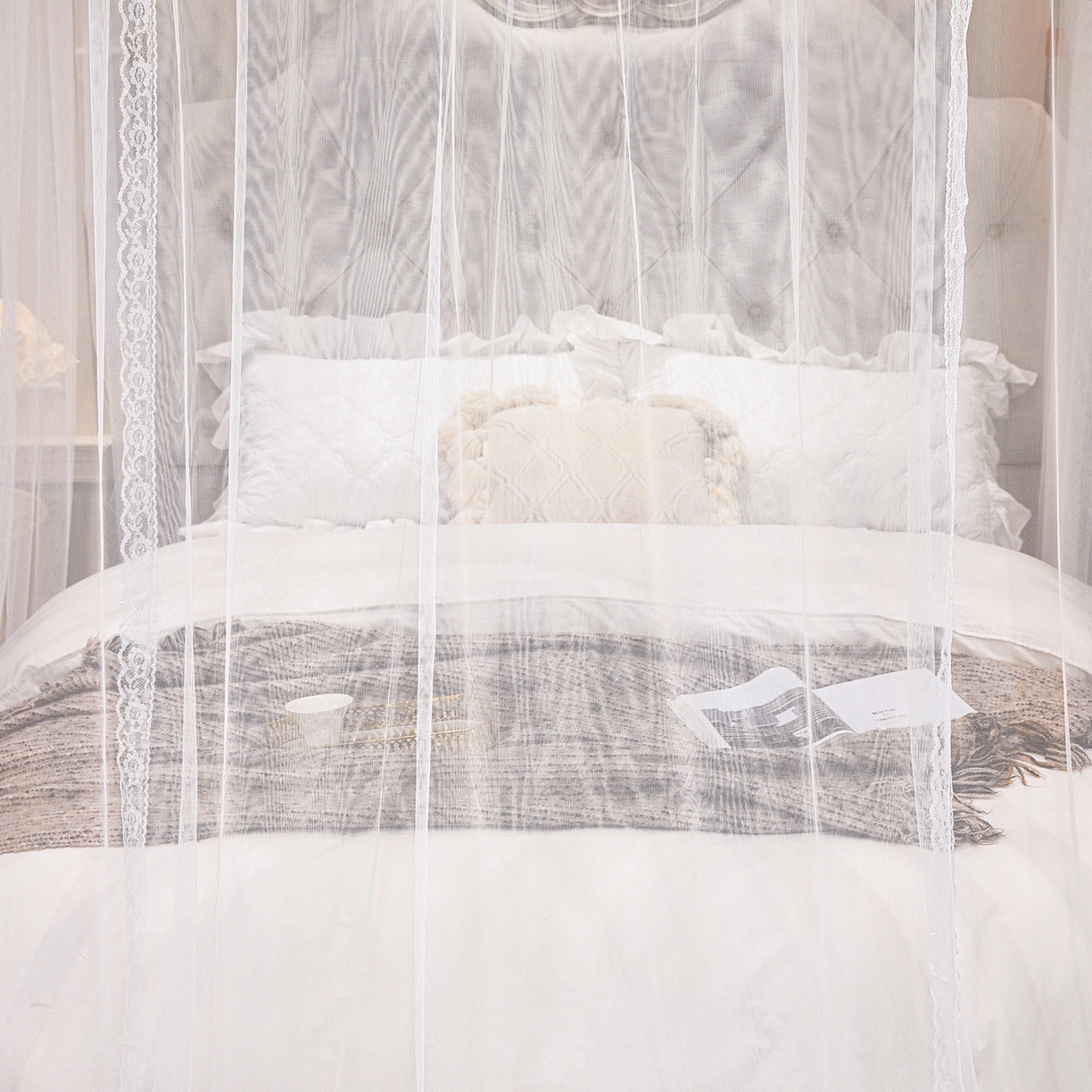 91家纺网 家纺一手货源 找家纺 梦尔佳蚊帐 2026新款浪漫双层花边蝴蝶结导轨蚊帐-花香其乐 花香其乐-婚纱白