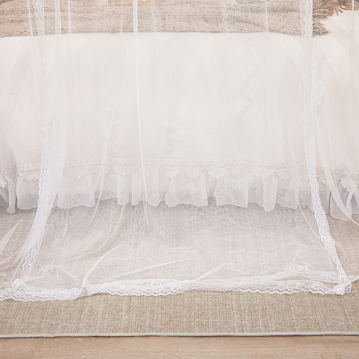 91家纺网 家纺一手货源 找家纺 梦尔佳蚊帐 2026新款浪漫双层花边蝴蝶结导轨蚊帐-花香其乐 花香其乐-婚纱白