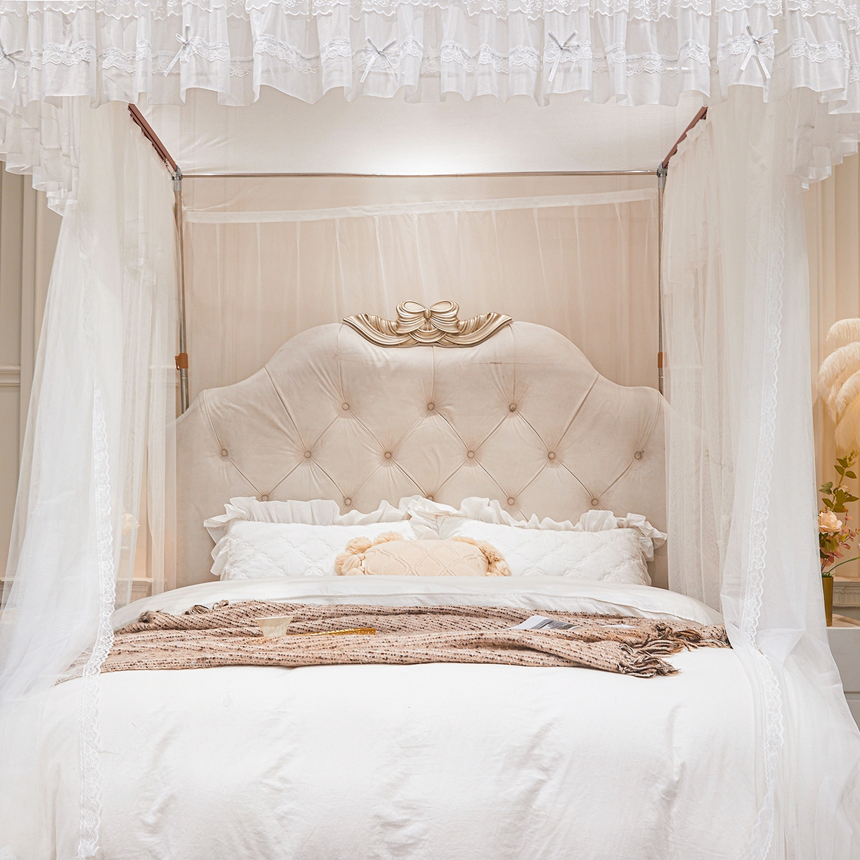 91家纺网 家纺一手货源 找家纺 梦尔佳蚊帐 2026新款浪漫双层花边蝴蝶结导轨蚊帐-花香其乐 花香其乐-婚纱白