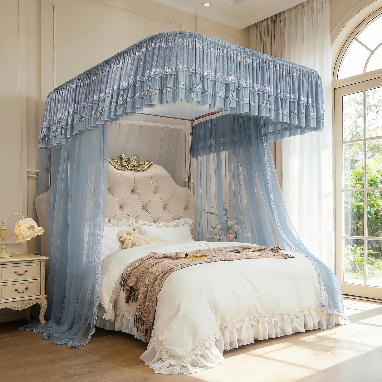 梦尔佳蚊帐 2026新款浪漫双层花边蝴蝶结导轨蚊帐-花香其乐 花香其乐-蓝灰