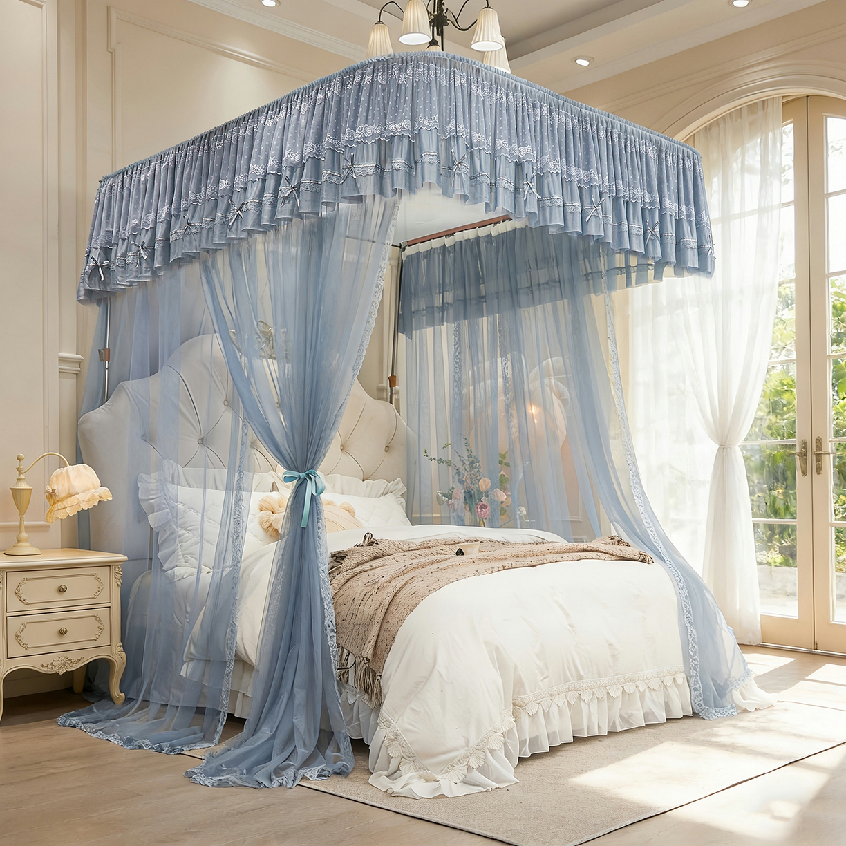 91家纺网 家纺一手货源 找家纺 梦尔佳蚊帐 2026新款浪漫双层花边蝴蝶结导轨蚊帐-花香其乐 花香其乐-蓝灰