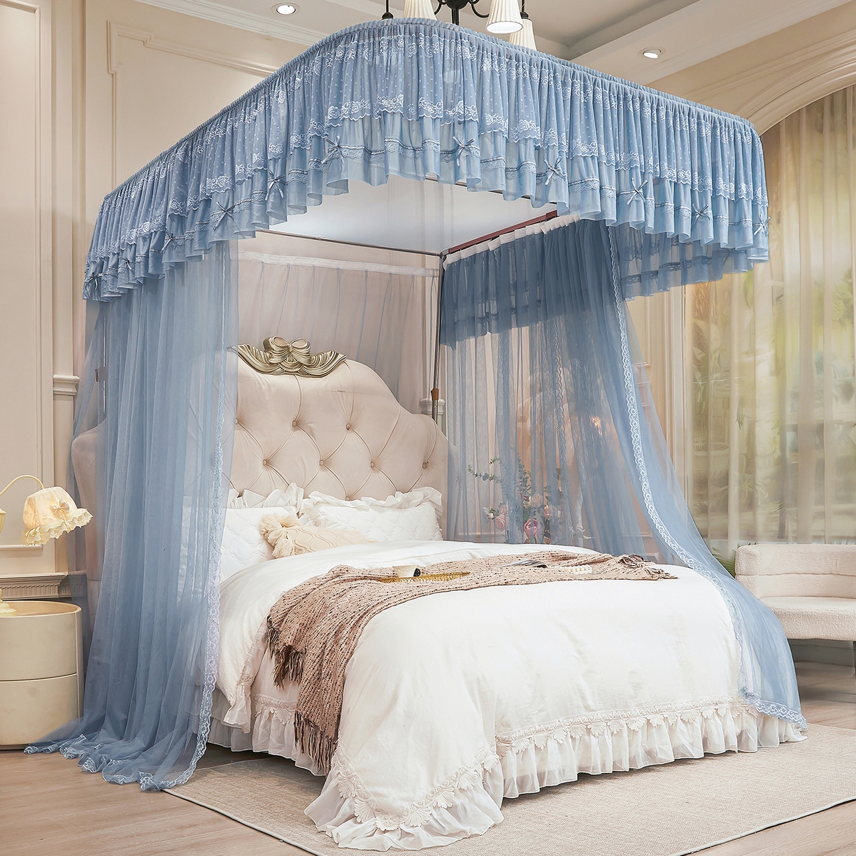 91家纺网 家纺一手货源 找家纺 梦尔佳蚊帐 2026新款浪漫双层花边蝴蝶结导轨蚊帐-花香其乐 花香其乐-蓝灰