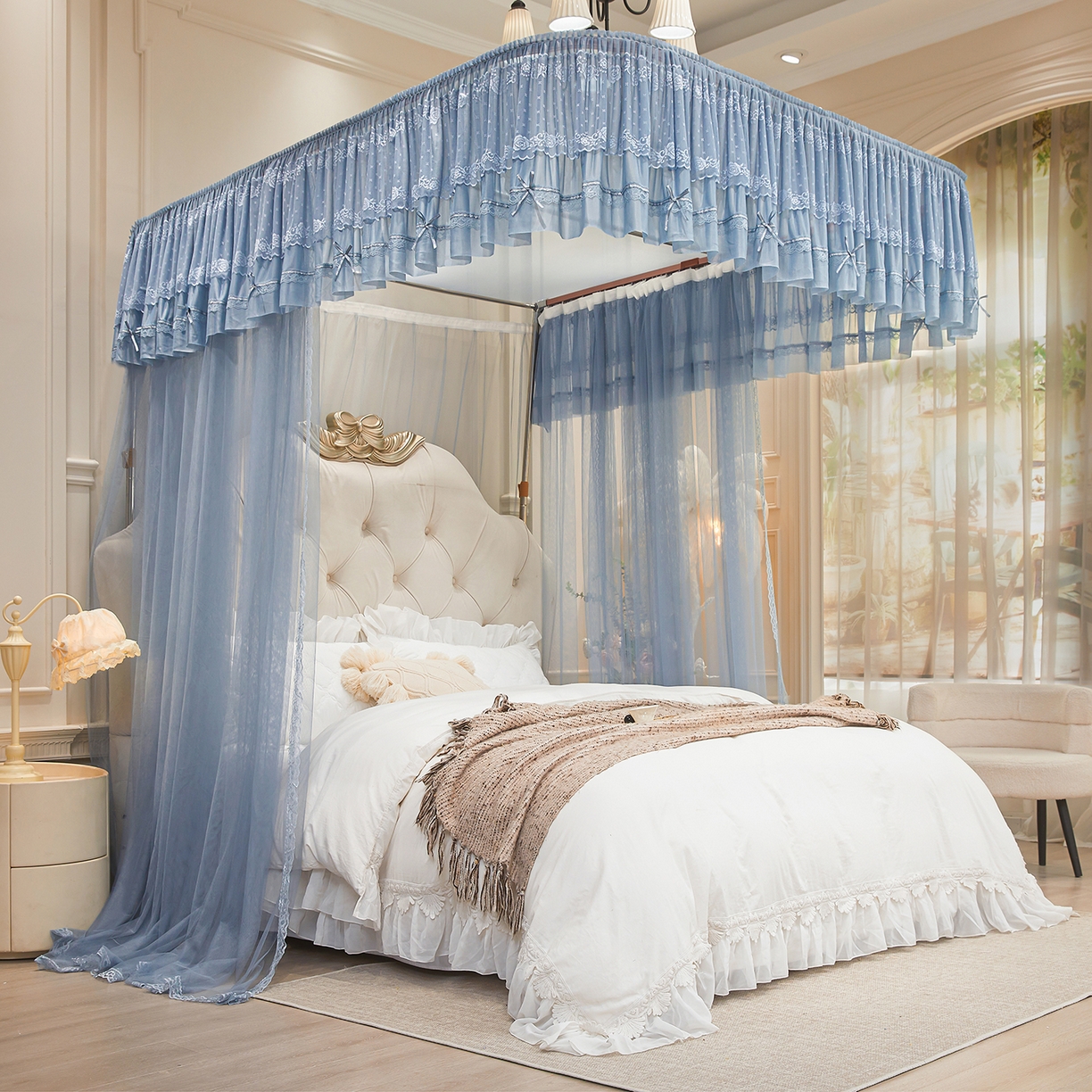 91家纺网 家纺一手货源 找家纺 梦尔佳蚊帐 2026新款浪漫双层花边蝴蝶结导轨蚊帐-花香其乐 花香其乐-蓝灰