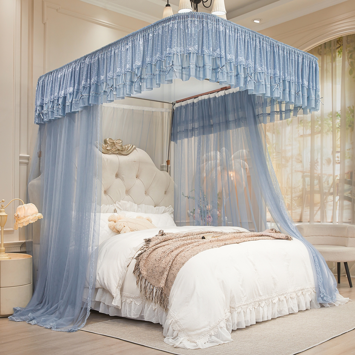 91家纺网 家纺一手货源 找家纺 梦尔佳蚊帐 2026新款浪漫双层花边蝴蝶结导轨蚊帐-花香其乐 花香其乐-蓝灰