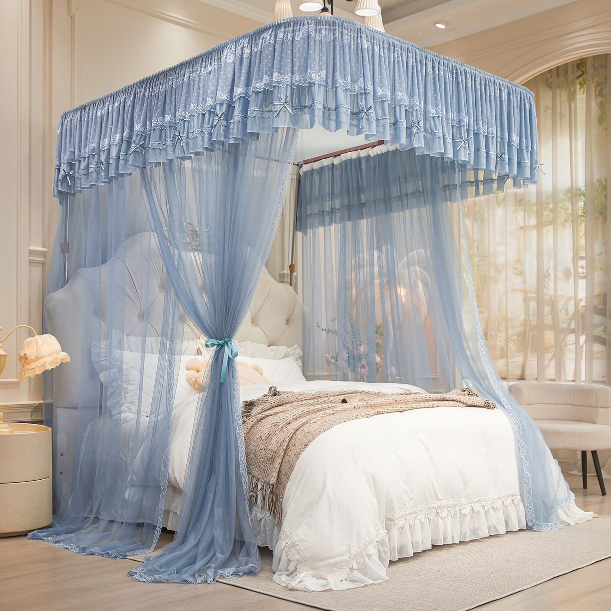 91家纺网 家纺一手货源 找家纺 梦尔佳蚊帐 2026新款浪漫双层花边蝴蝶结导轨蚊帐-花香其乐 花香其乐-蓝灰