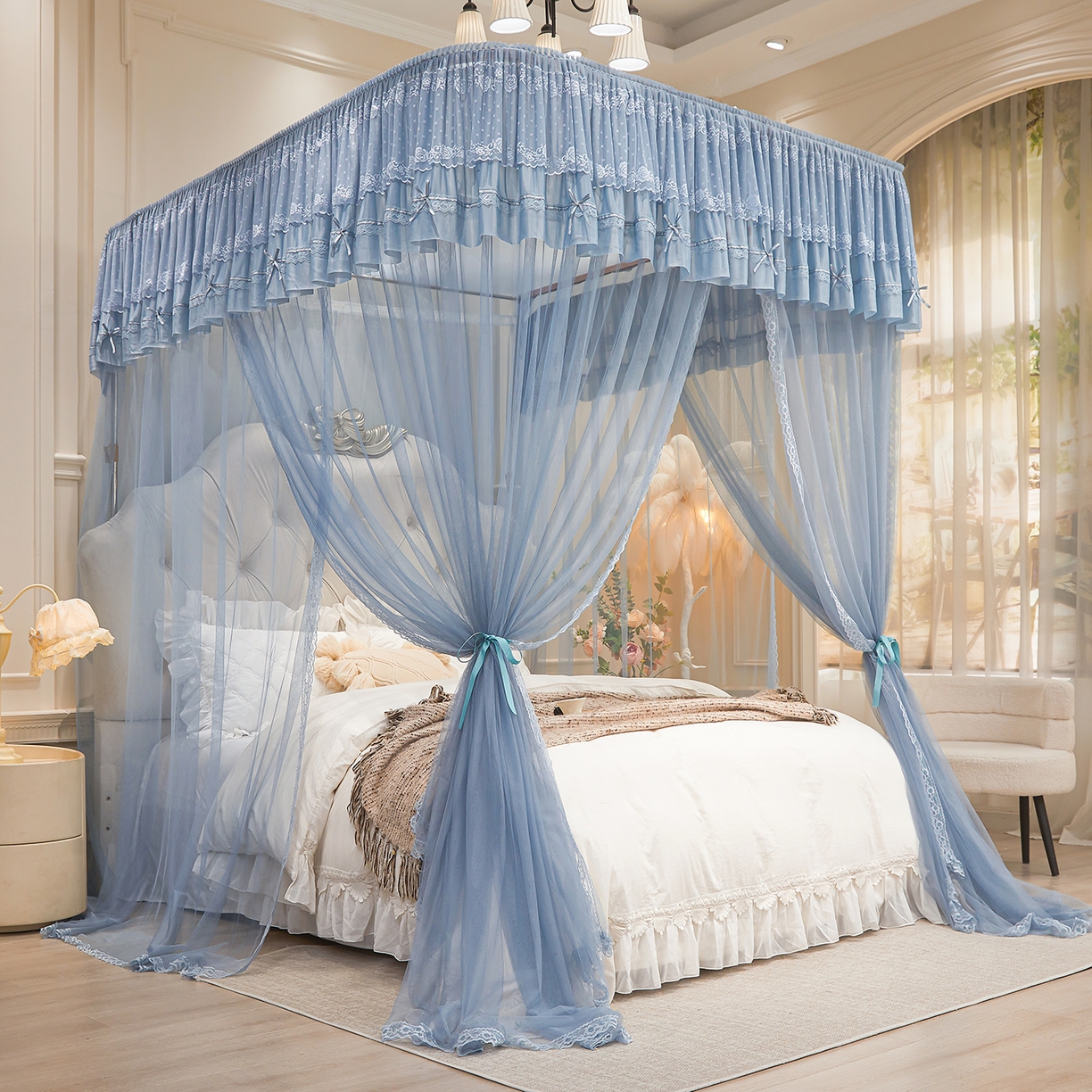 91家纺网 家纺一手货源 找家纺 梦尔佳蚊帐 2026新款浪漫双层花边蝴蝶结导轨蚊帐-花香其乐 花香其乐-蓝灰