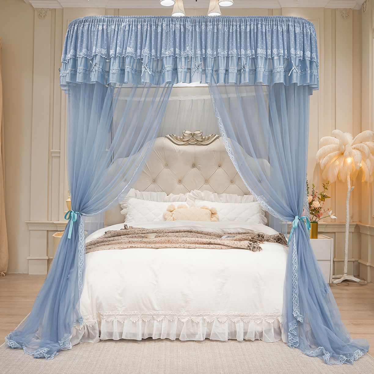 91家纺网 家纺一手货源 找家纺 梦尔佳蚊帐 2026新款浪漫双层花边蝴蝶结导轨蚊帐-花香其乐 花香其乐-蓝灰